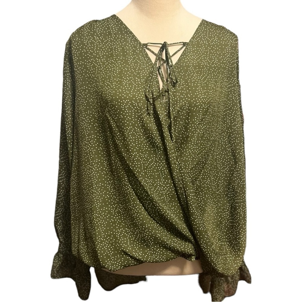 Umgee Olive Green Dotted Surplice Lace Up Boho Blouse Size L